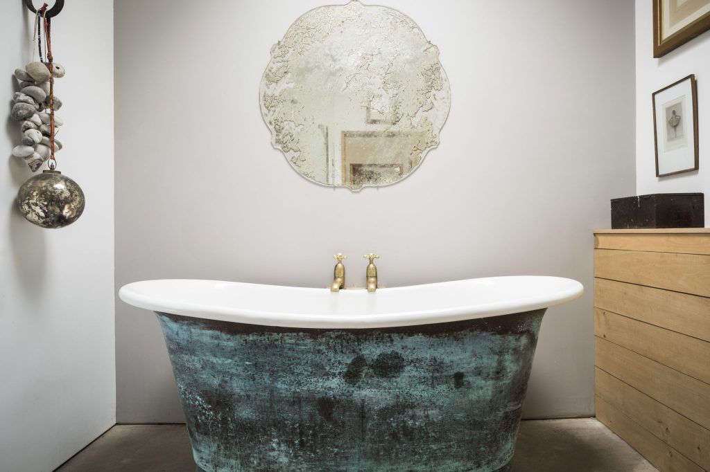 Verdigris Bateau Bath with White Enamel Interior