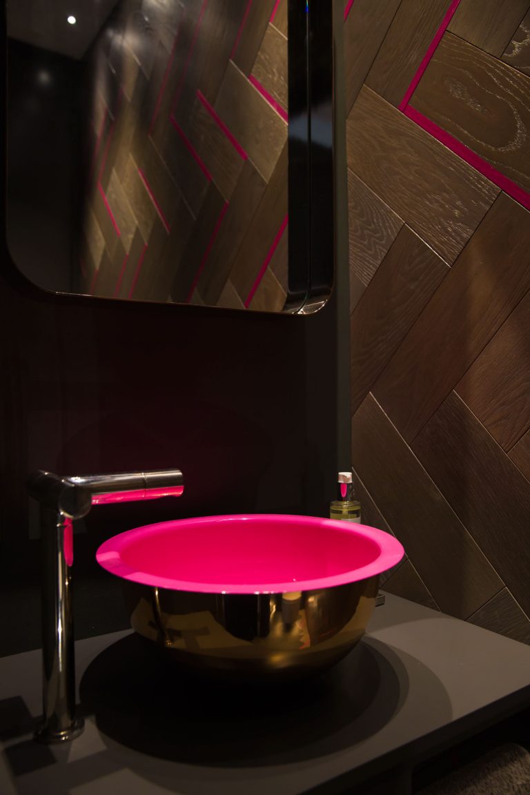 Brass Gyrus Basin with Pink Enamel Interior